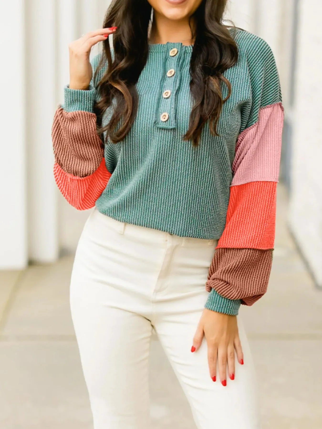 Color Block Ribbed Knit Henley Sweatshirt OutfitFlow