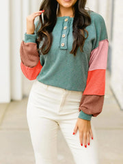 Color Block Ribbed Knit Henley Sweatshirt OutfitFlow