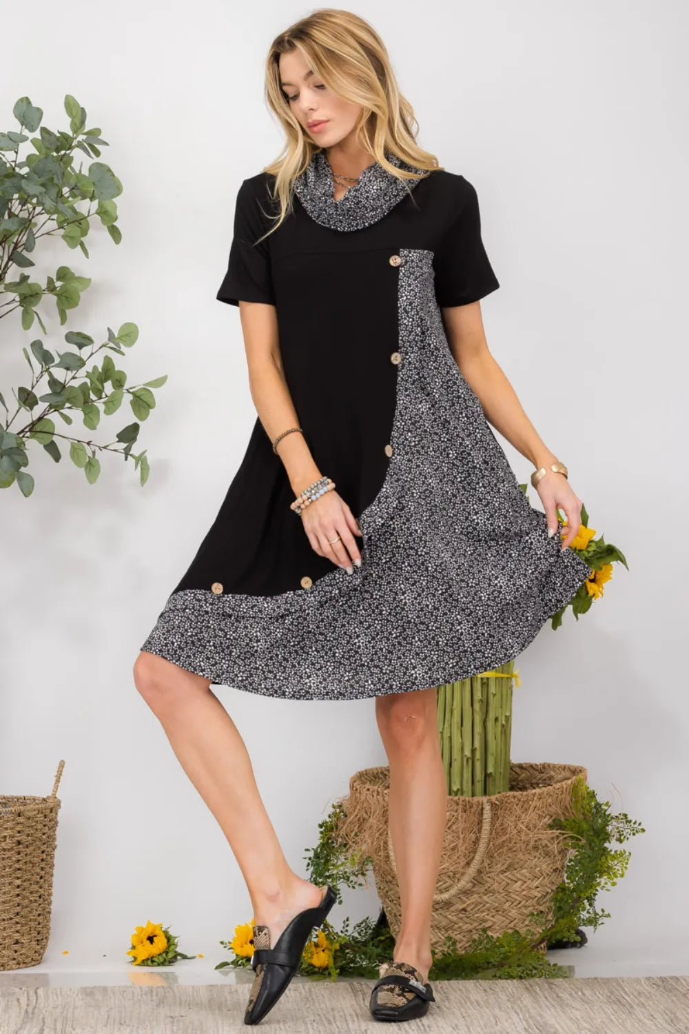 Celeste Full Size Decor Button Short Sleeve Dress with Pockets Plus Size OutfitFlow