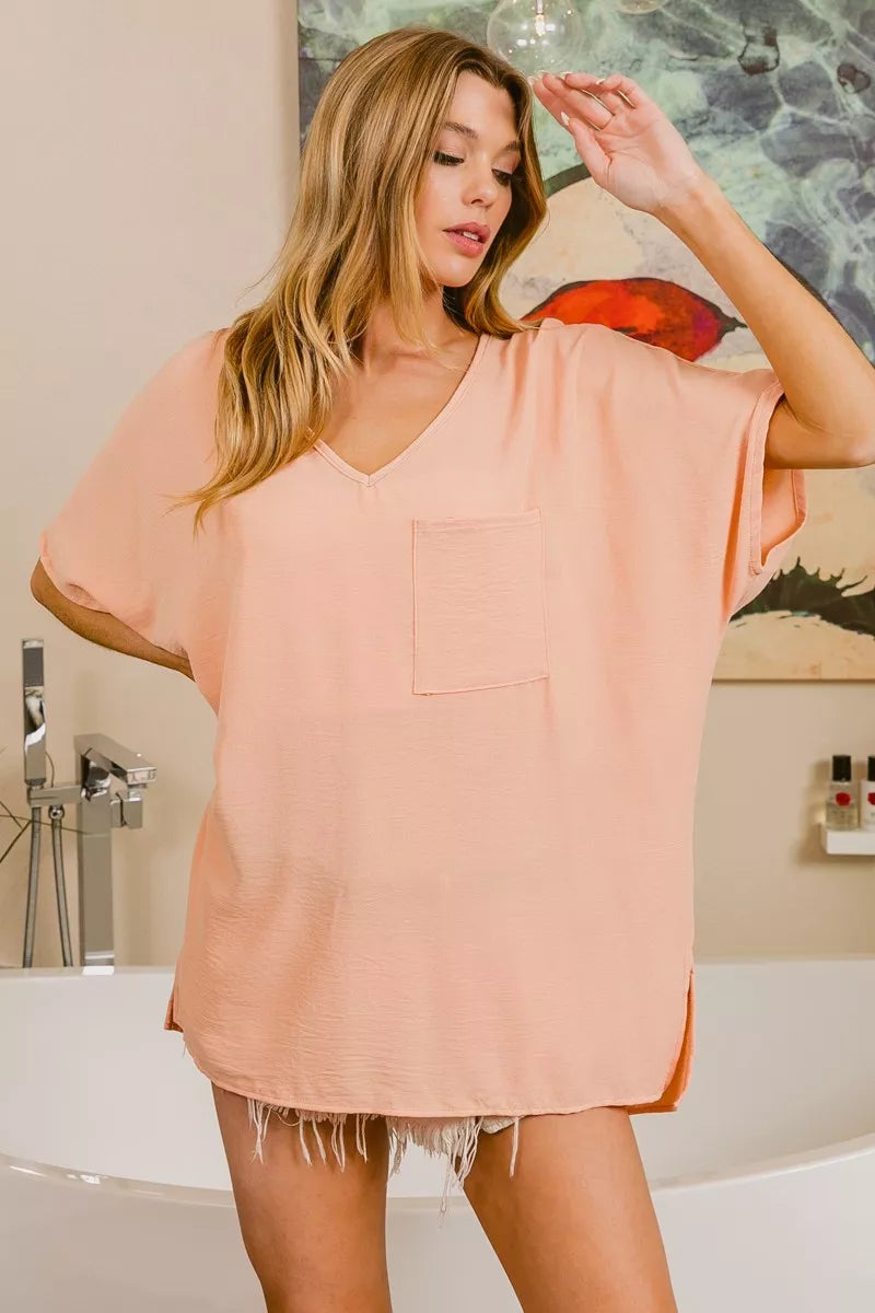 BiBi Woven V Neck Hi-low Boxy Top With Front Pocket PEACH OutfitFlow