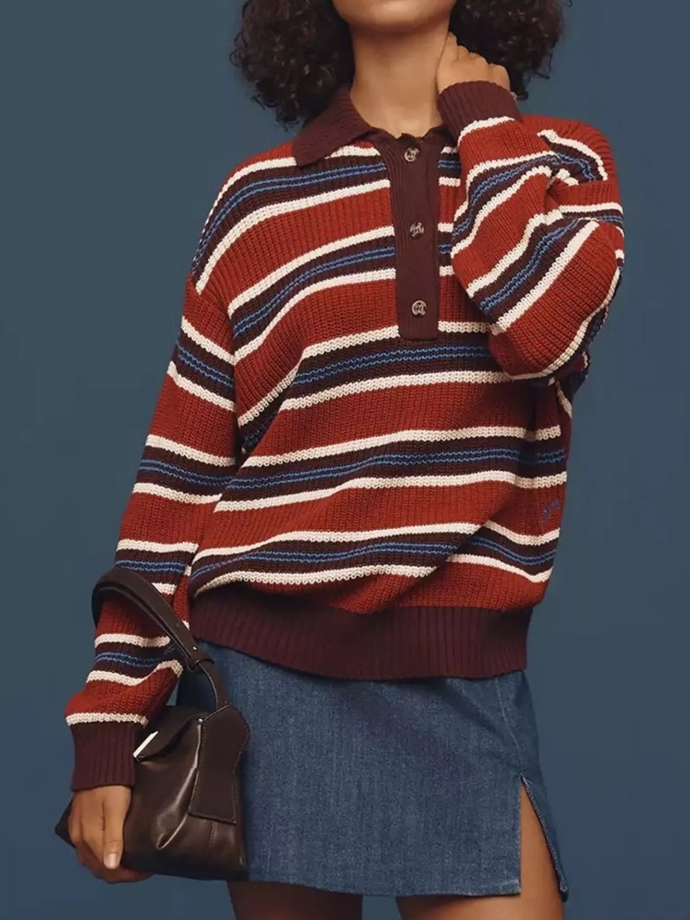 Striped Button Detail Polo Collar Sweater OutfitFlow