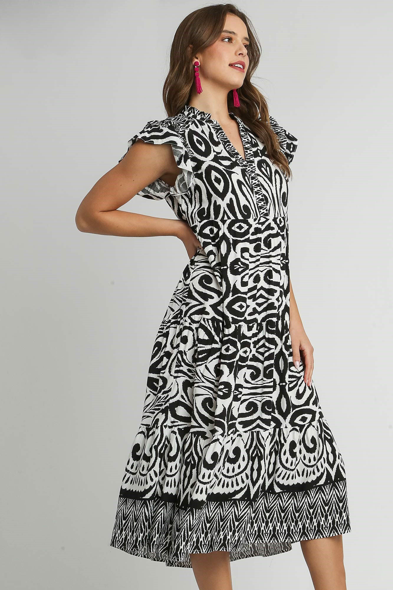 Umgee Full Size Two Tone Border Print Ruffle Cap Sleeve Midi Dress Plus Size OutfitFlow
