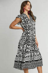 Umgee Full Size Two Tone Border Print Ruffle Cap Sleeve Midi Dress Plus Size OutfitFlow