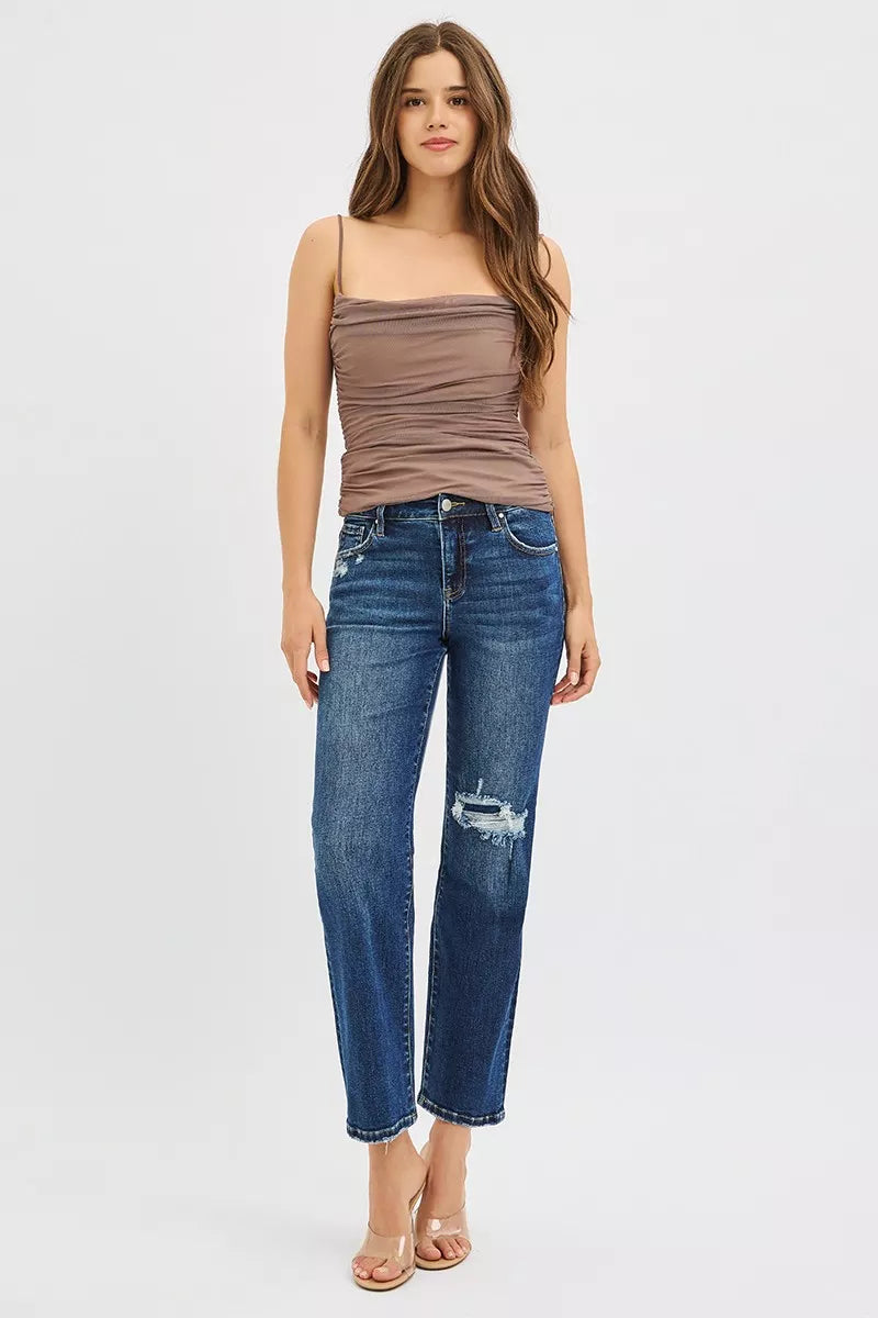 RISEN High Rise Crop Slim Straight Jenas with Hidden Knee Patch OutfitFlow