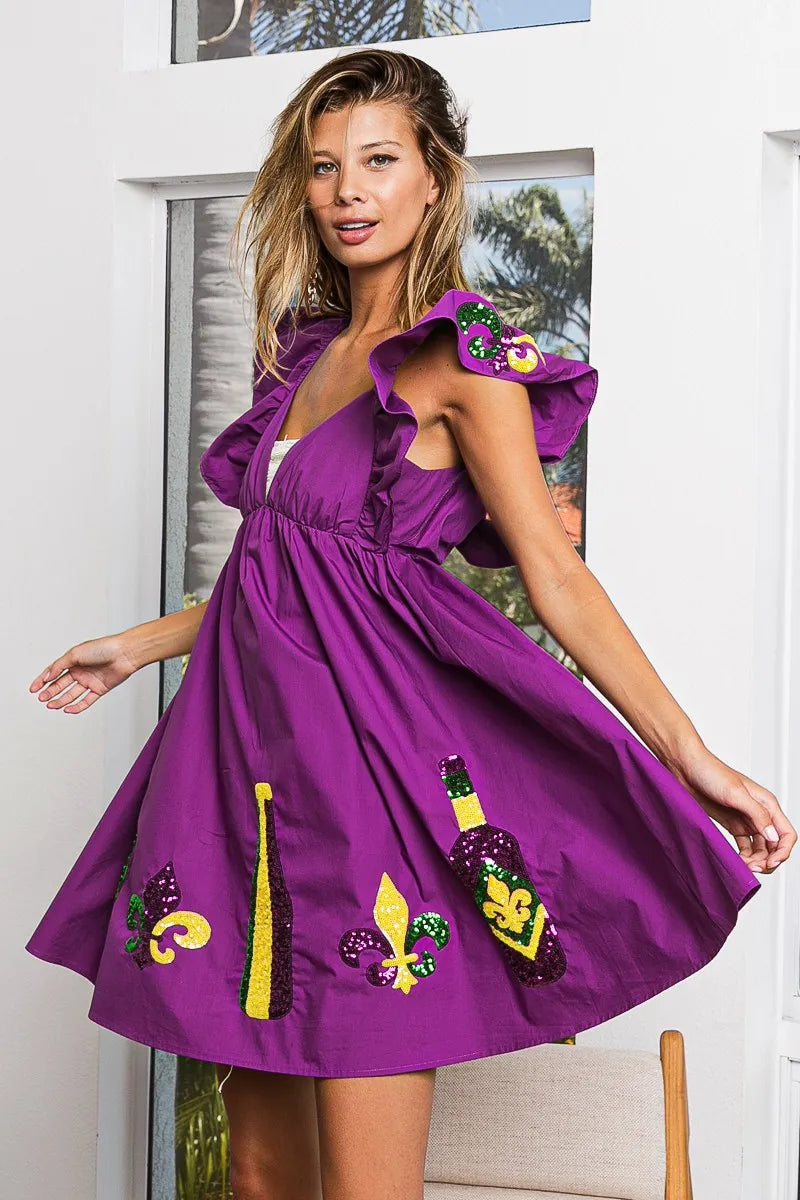 BiBi Mardi Gras Sequin Embroidery Ruffled Dress OutfitFlow