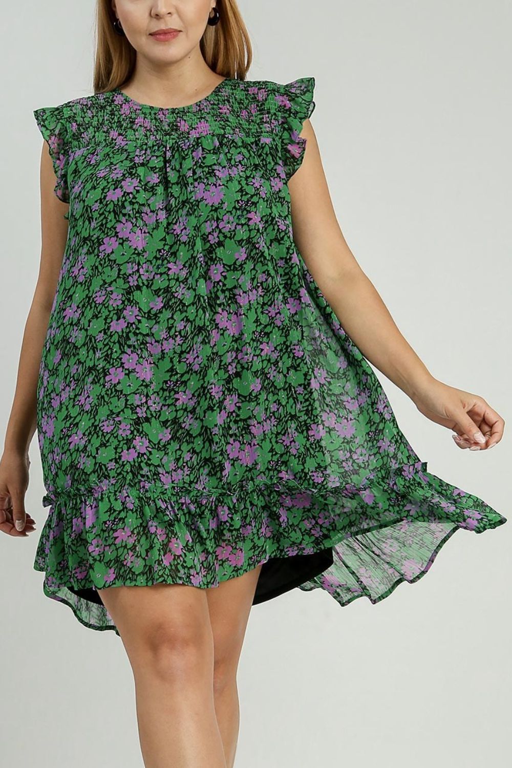 Umgee Full Size Smocked Detail Floral Metallic Ruffle Cap Sleeve Dress Plus Size OutfitFlow