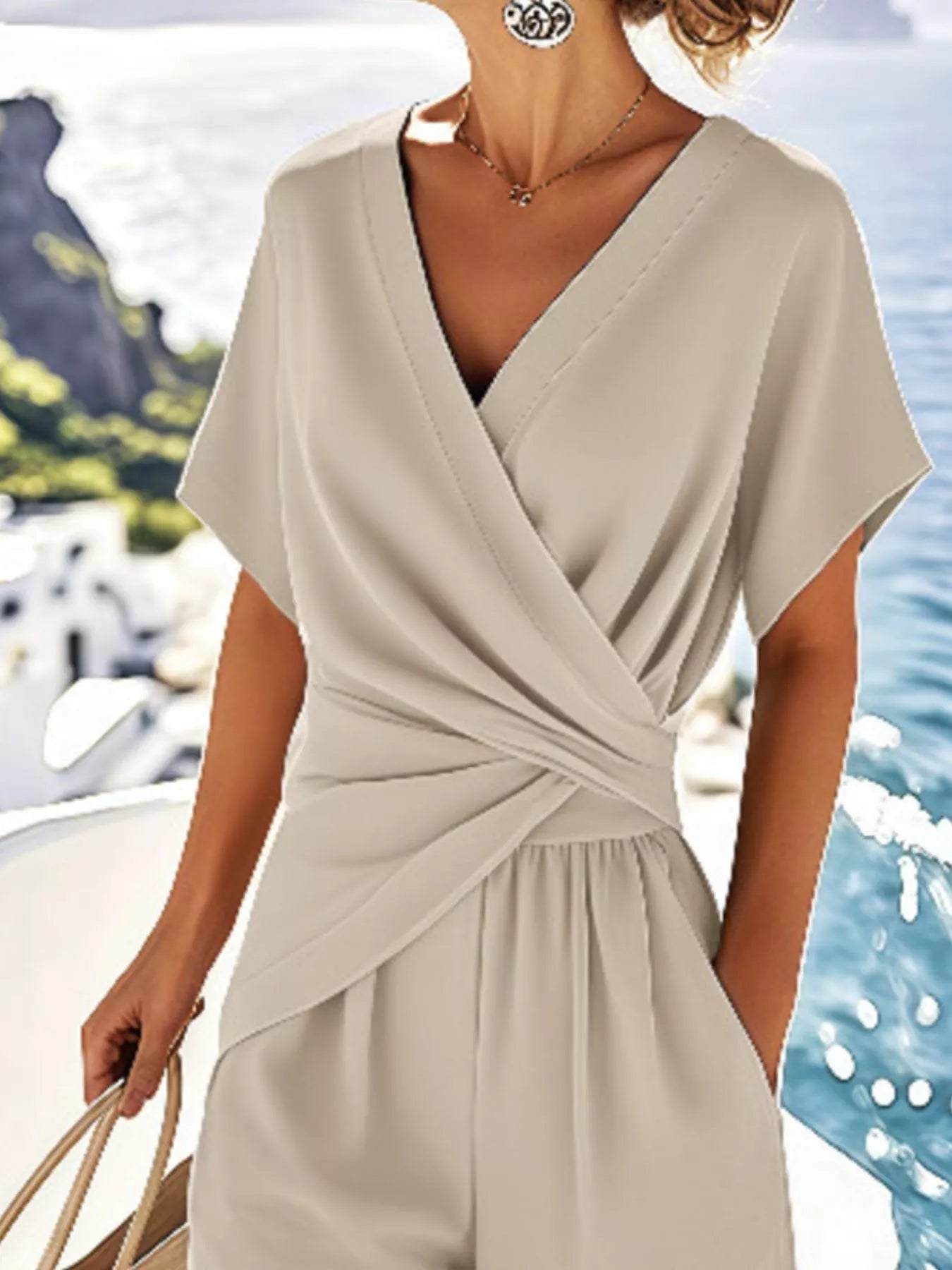 Full Size Surplice Short Sleeve Top and Pants Set Plus Size OutfitFlow