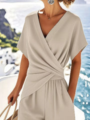 Full Size Surplice Short Sleeve Top and Pants Set Plus Size OutfitFlow