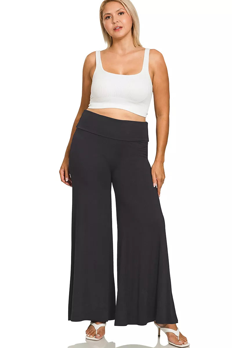 Zenana Full Size Fold Over Waist Comfy Wide Leg Pants Plus Size OutfitFlow