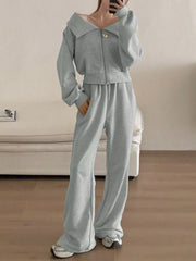 Zip Up Long Sleeve Top and Pants Set OutfitFlow