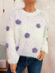 Flower Embellished Round Neck Sweater OutfitFlow