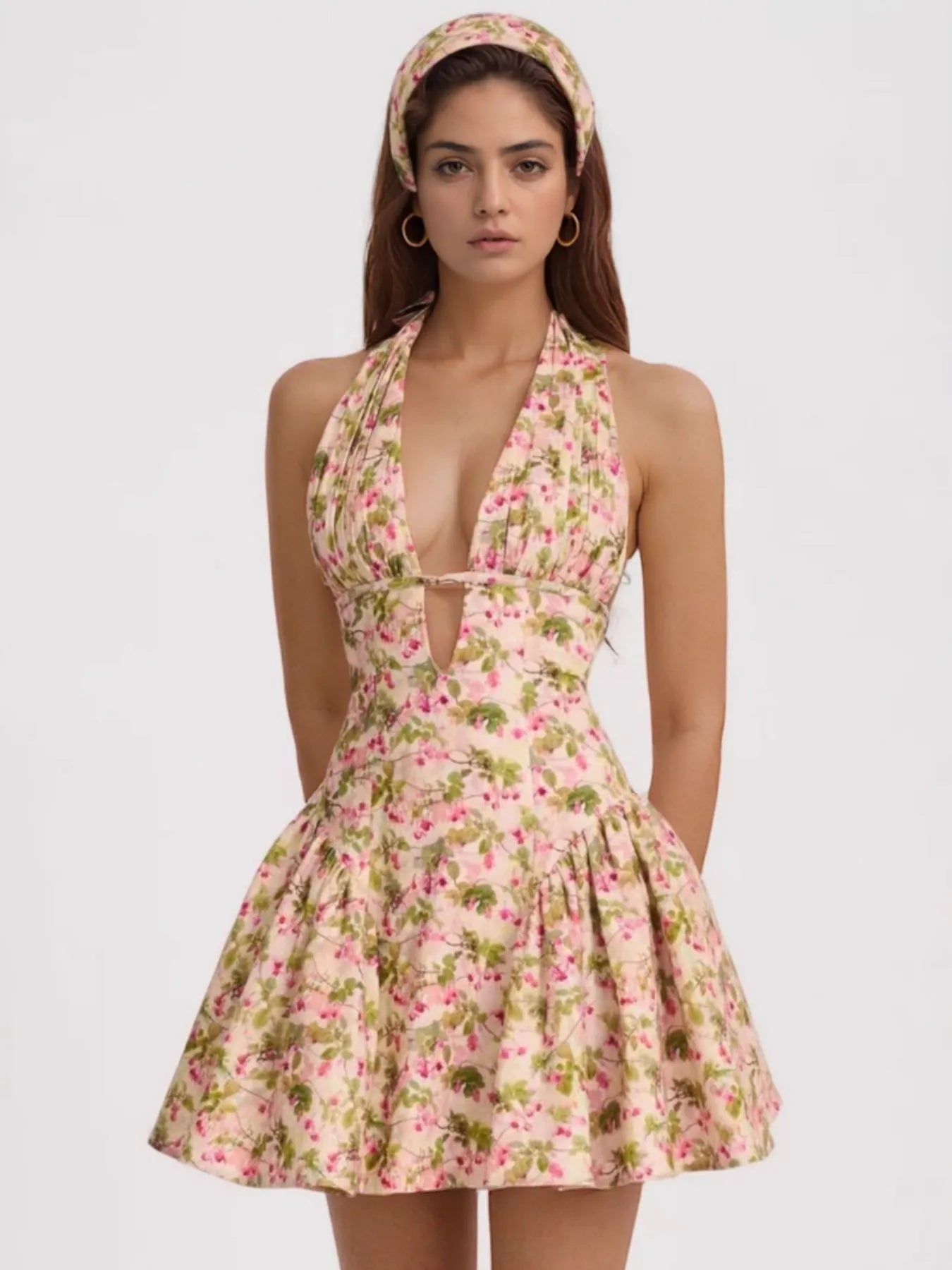 Floral Halter Neck Mini Dress Color OutfitFlow
