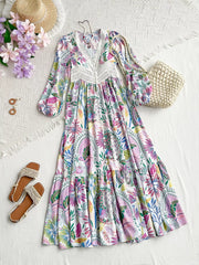Lace Detail V-Neck Balloon Sleeve Dress OutfitFlow