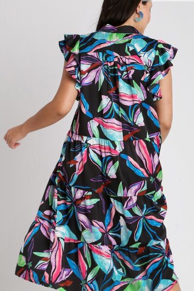 Umgee Full Size Leaf Print Double Layered Ruffle Sleeve Tiered Midi Dress Plus Size OutfitFlow