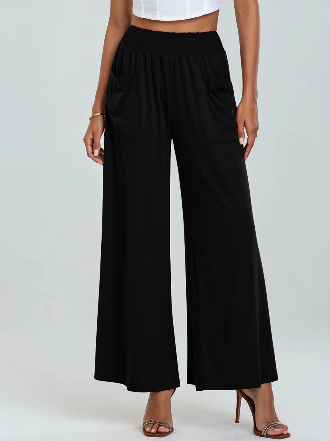 High-Waisted Wide Leg Pants with Pockets Black OutfitFlow