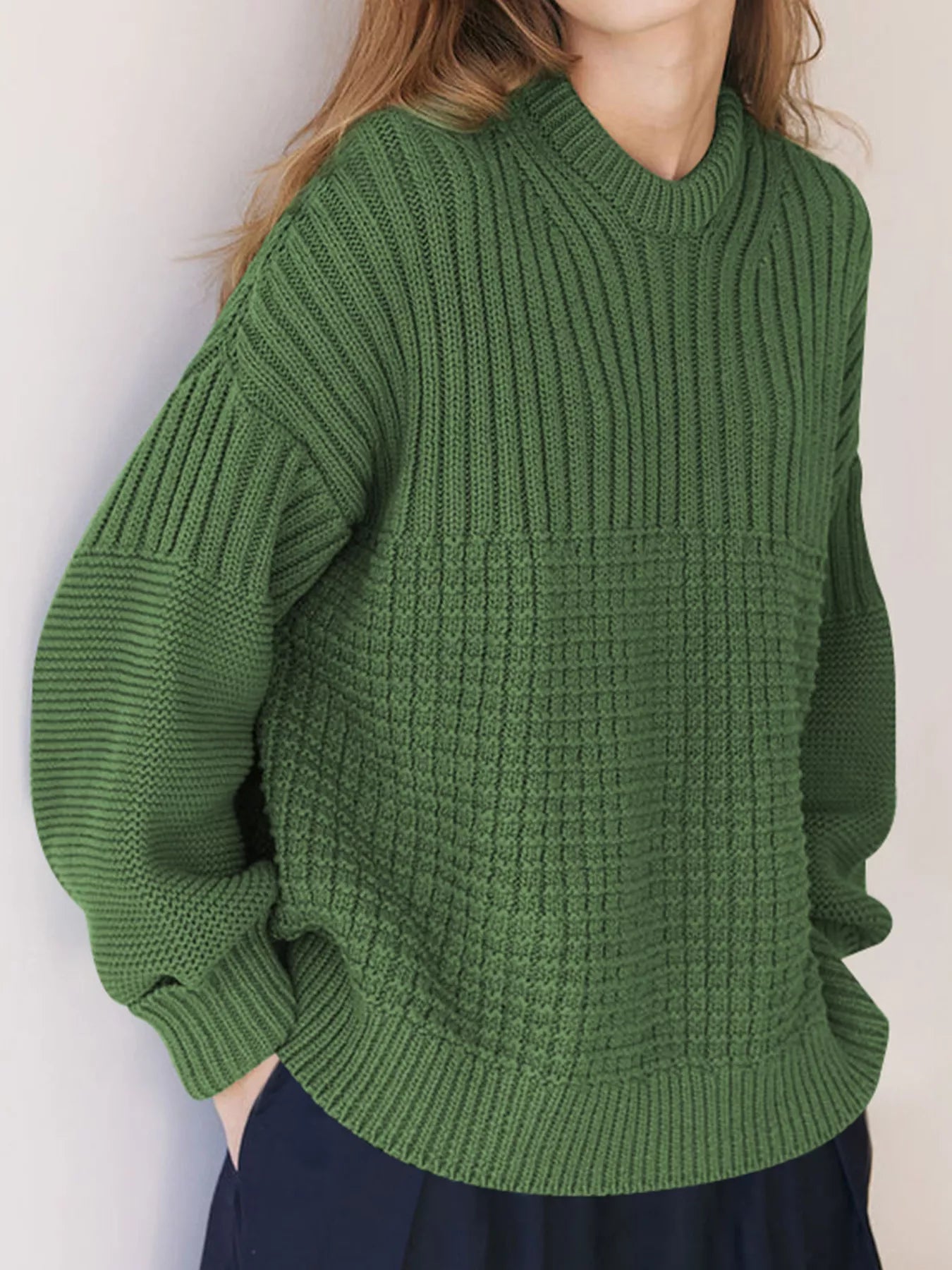 Textured Knit Round Neck Sweater Moss OutfitFlow
