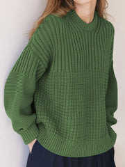Textured Knit Round Neck Sweater Moss OutfitFlow