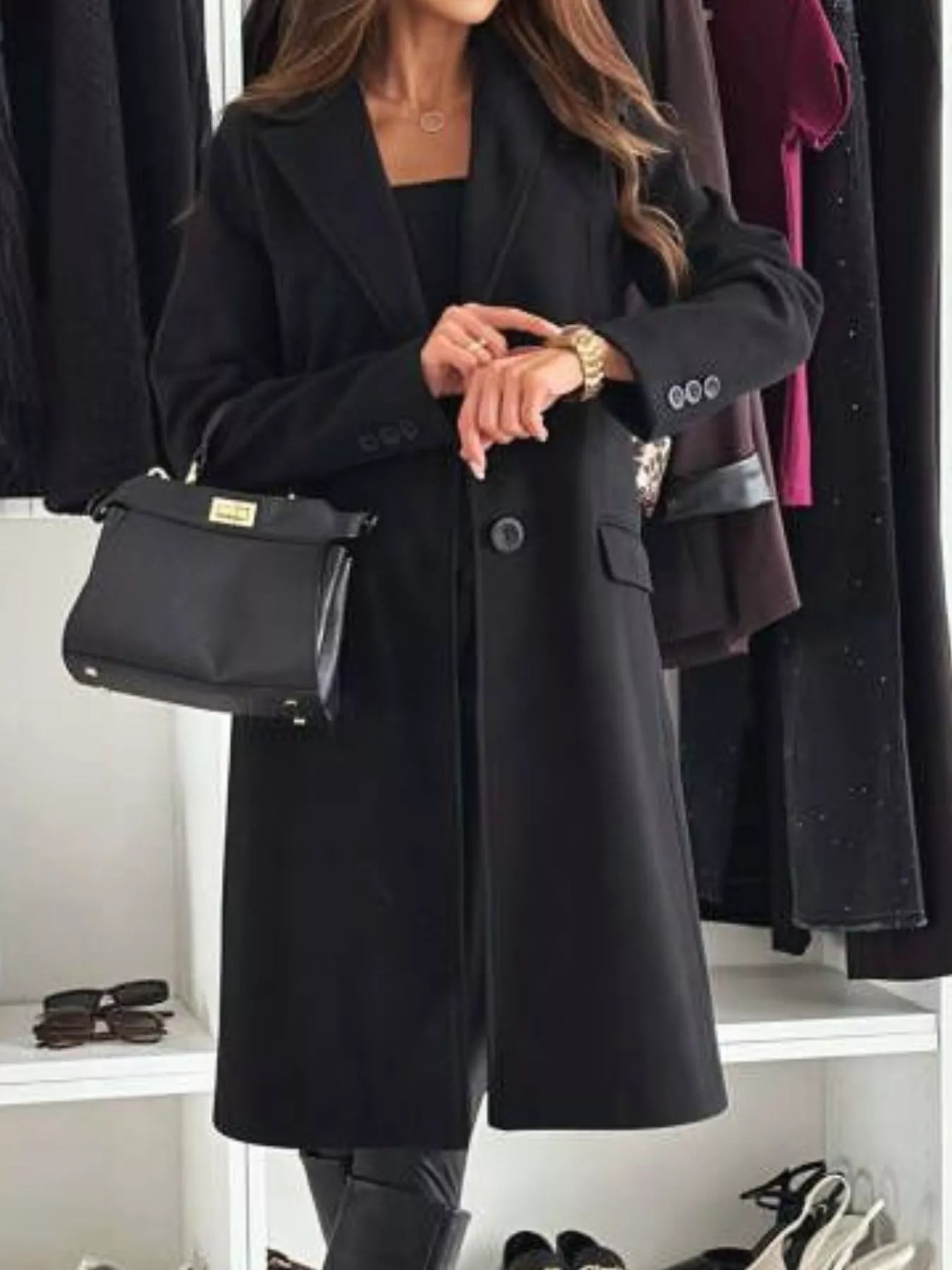Lapel Collar Long Sleeve Coat OutfitFlow