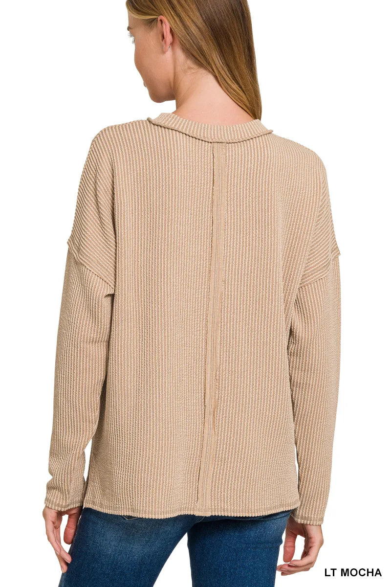 Zenana Long Sleeve Drop Shoulder Rib Top Trendsi