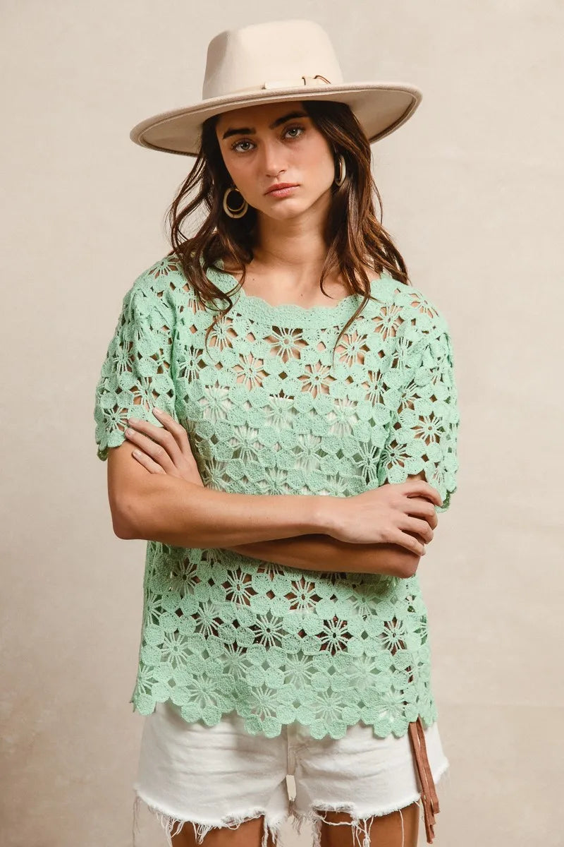 BiBi Openwork Crochet Short Sleeve Knit Top OutfitFlow