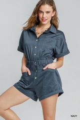 Umgee Button Down Charmeuse Romper NAVY Trendsi