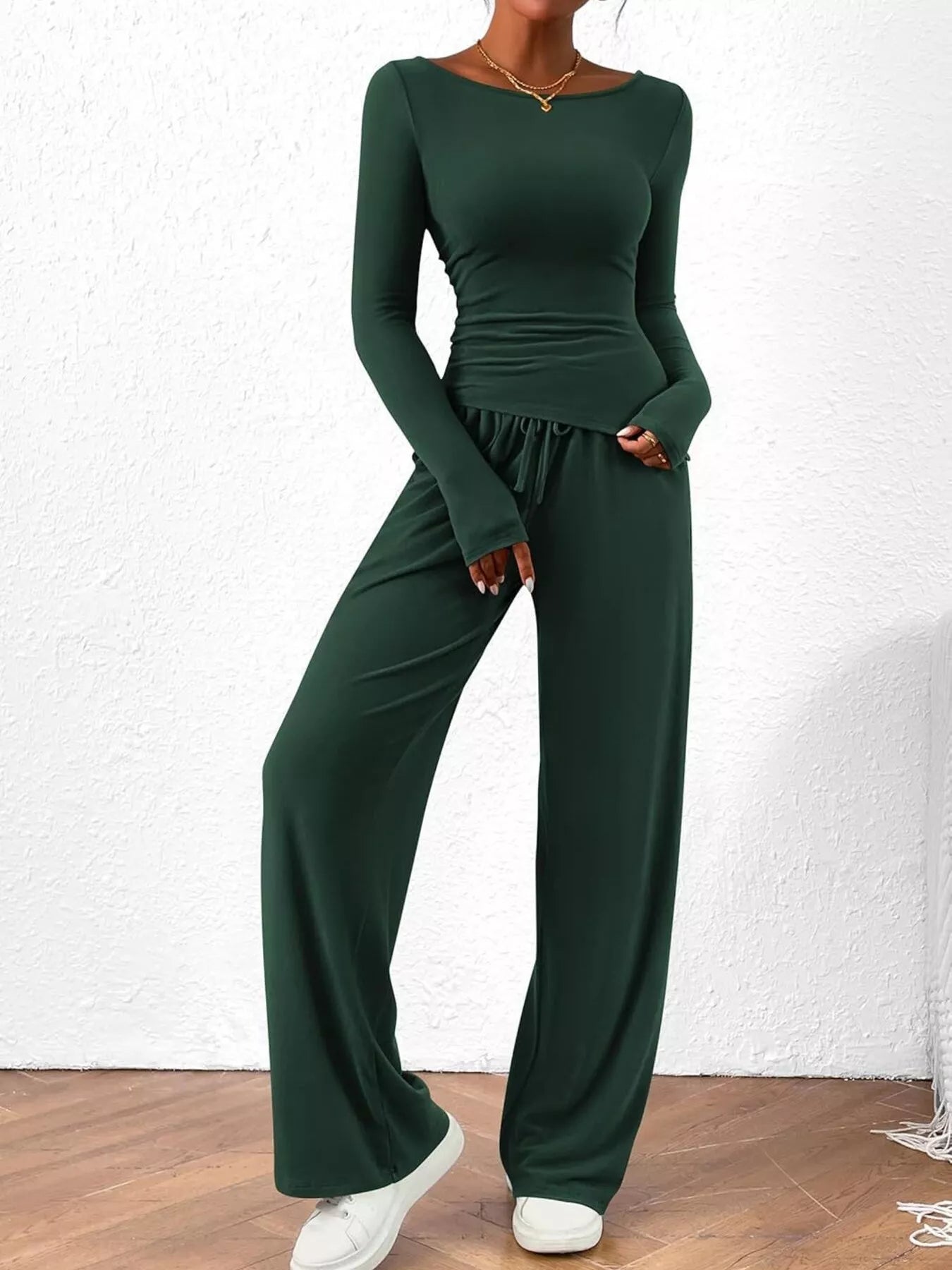 Long Sleeve Top and Wide Leg Pants Set Dark Green OutfitFlow