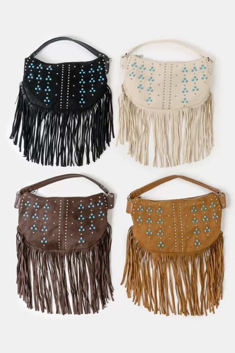 Fame Studded Pattern Multi Fringe Hobo Shoulder Bag OutfitFlow