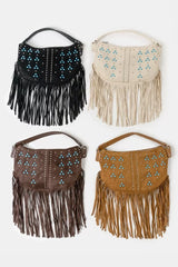 Fame Studded Pattern Multi Fringe Hobo Shoulder Bag OutfitFlow