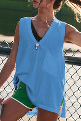 Side Slit V-Neck Tank Pastel Blue OutfitFlow