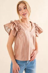 And The Why Faux Leather Ruffle Sleeves V Neck Top OutfitFlow