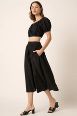 Mittoshop Cropped Puff Sleeve Blouse and Midi Skirt Set OutfitFlow