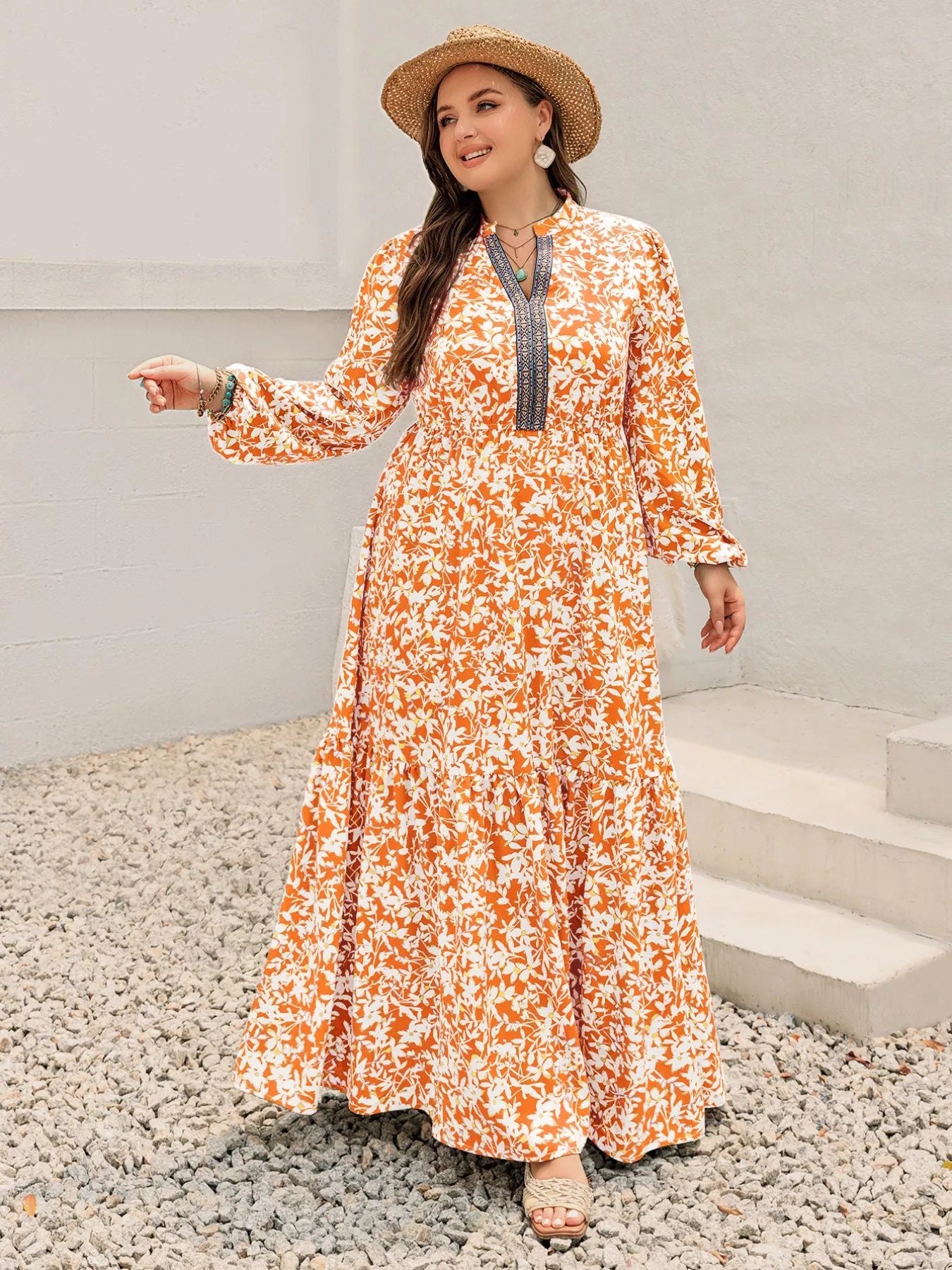 Plus Size Boho Floral Print Maxi Dress OutfitFlow