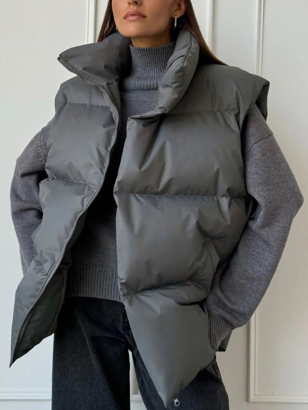 Zip Up Turtleneck Vest Coat Dark Gray Trendsi
