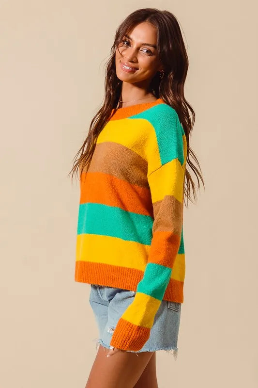 SO ME Multi Color Stripe Sweater with Ribbed Detail OutfitFlow