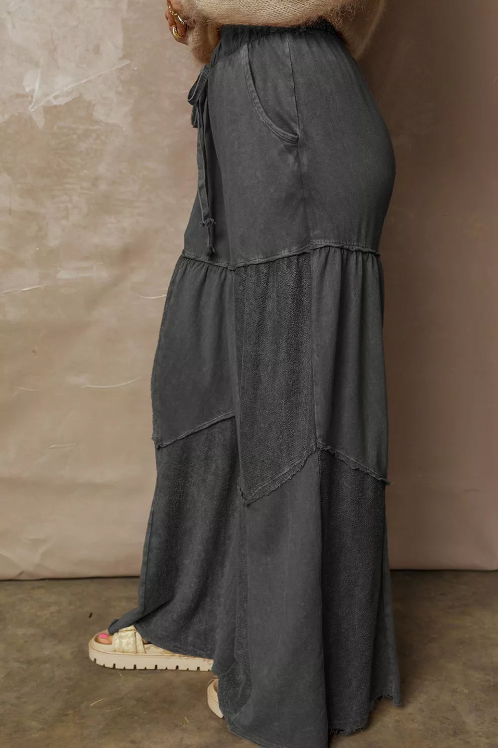 Mineral Wash Tiered Wide Leg Patchwork Drawstring Pants OutfitFlow