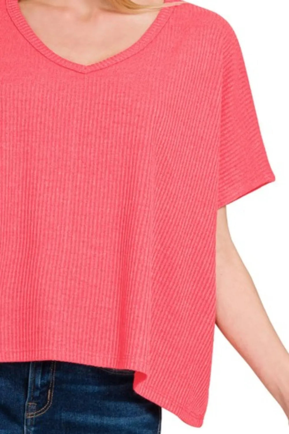 Zenana Ribbed V-Neck Short-Sleeve Knit Top OutfitFlow