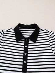 Stripe Buttoned Front Collared Long Sleeve T Shirt Dress with Pockets OutfitFlow