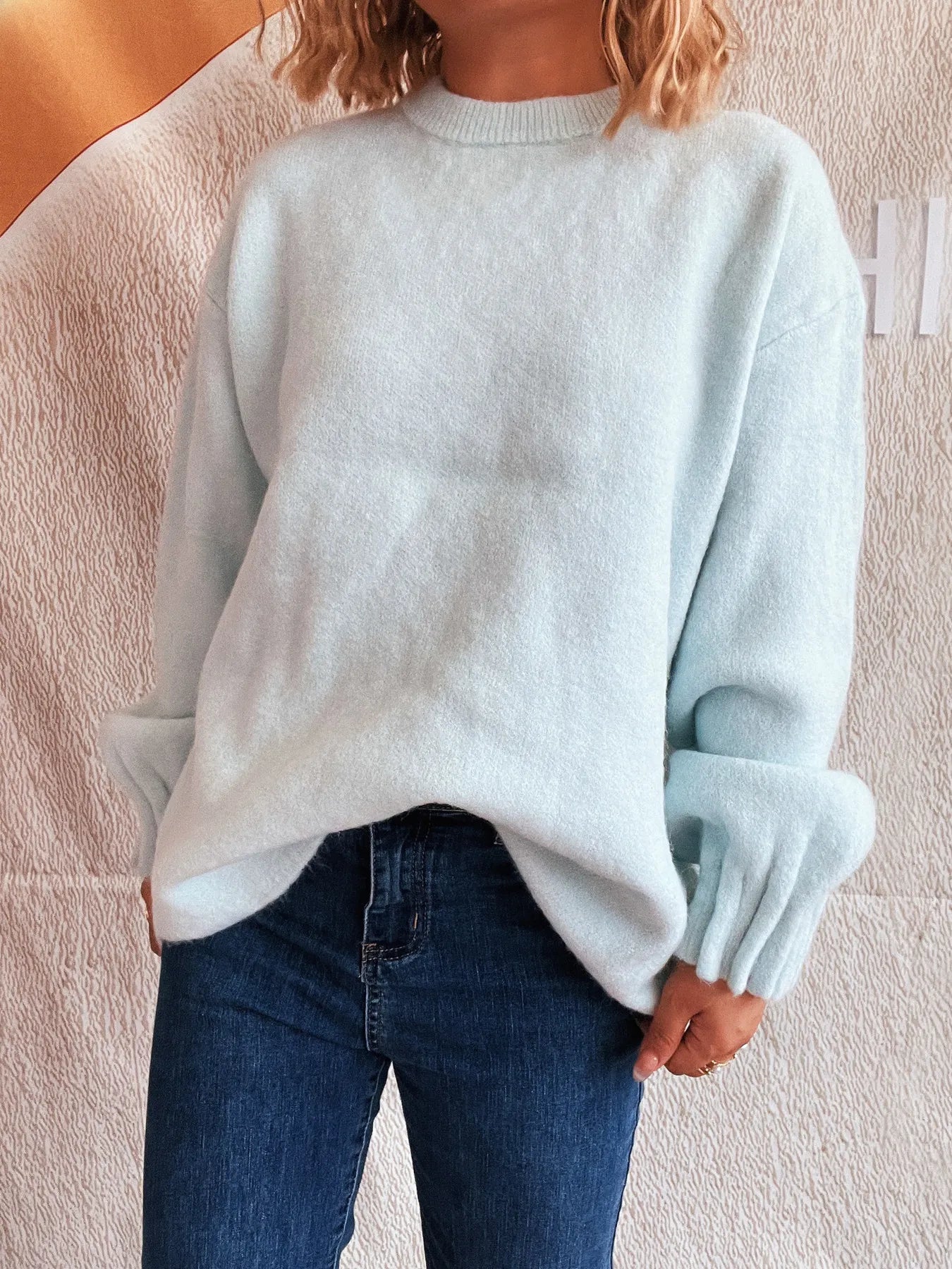 Round Neck Dropped Shoulder Sweater Light Blue One Size OutfitFlow