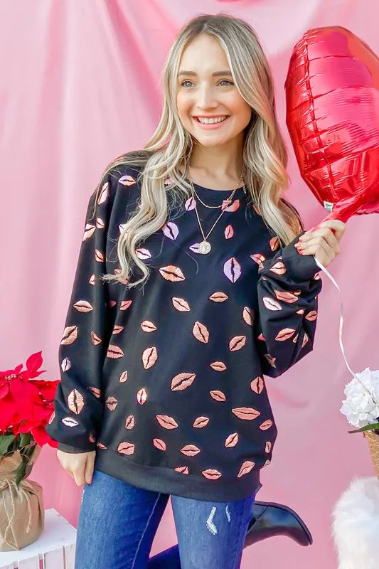 And The Why Kiss Pink Foil Allover Print Pullover Sweatshirts OutfitFlow
