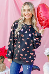 And The Why Kiss Pink Foil Allover Print Pullover Sweatshirts OutfitFlow