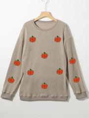 Pumpkin Round Neck Long Sleeve Sweatshirt OutfitFlow