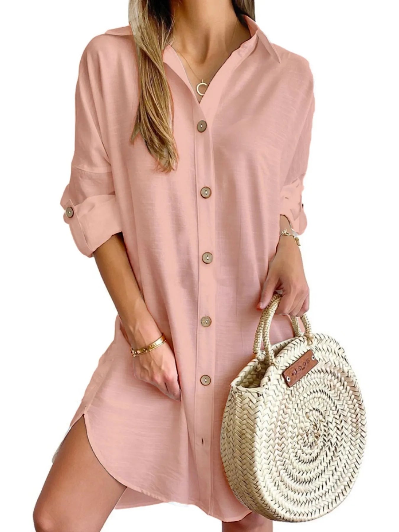 Button Down Long Sleeve Shirt Dress Pink OutfitFlow