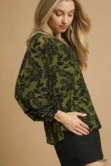 Umgee Full Size Floral Velvet Blouse with Balloon Sleeves Plus Size Trendsi