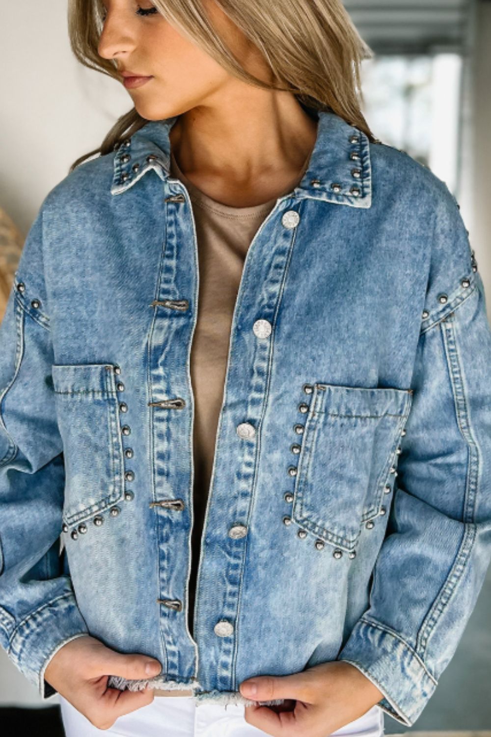 Outfit Flow - Studded Acid Wash Long Sleeve Denim Jacket