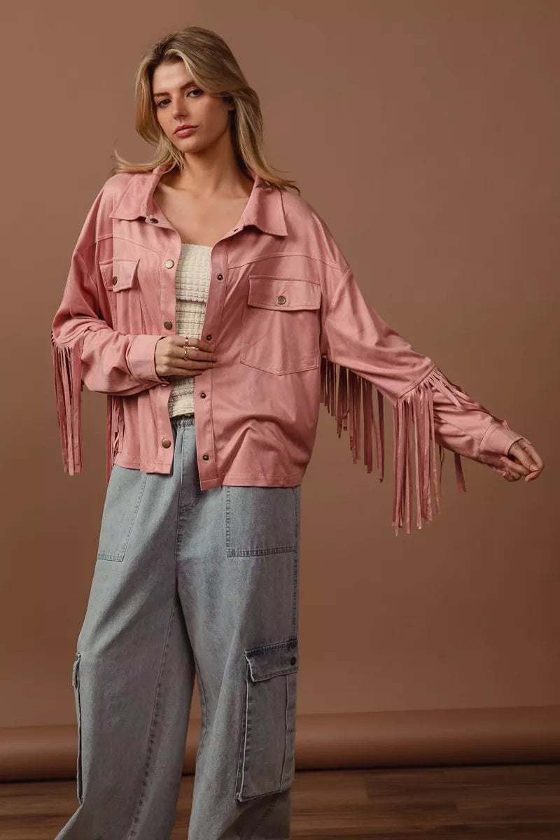 BiBi Suede Fringe Long Sleeve Jacket OutfitFlow