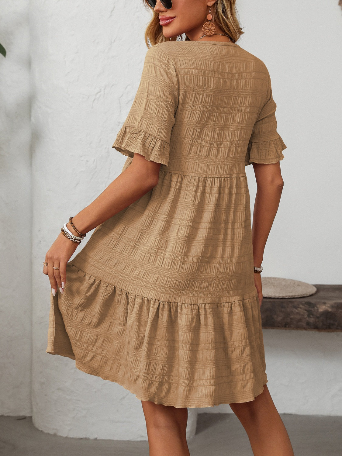 Outfit Flow - Mandy Ruffled Ruched Round Neck Half Sleeve Dress