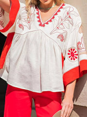 Printed V-Neck Top with Contrast Trim Details OutfitFlow