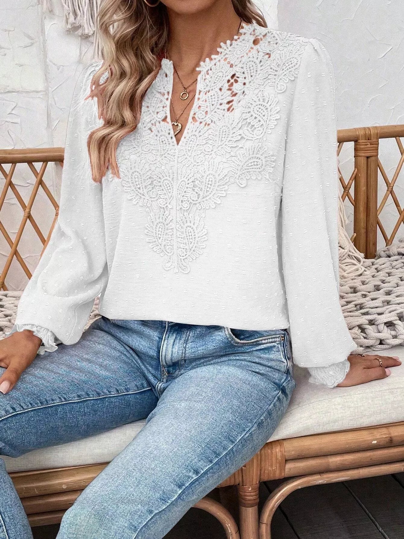 Lace Trim Long Sleeve Blouse White OutfitFlow