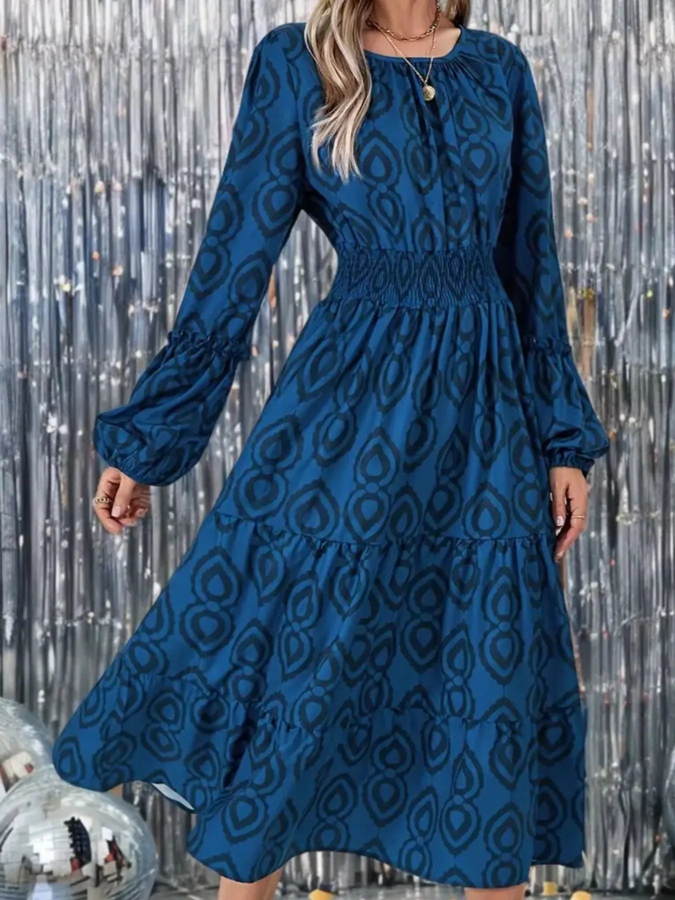 Smocked Round Neck Balloon Sleeve Midi Dress OutfitFlow