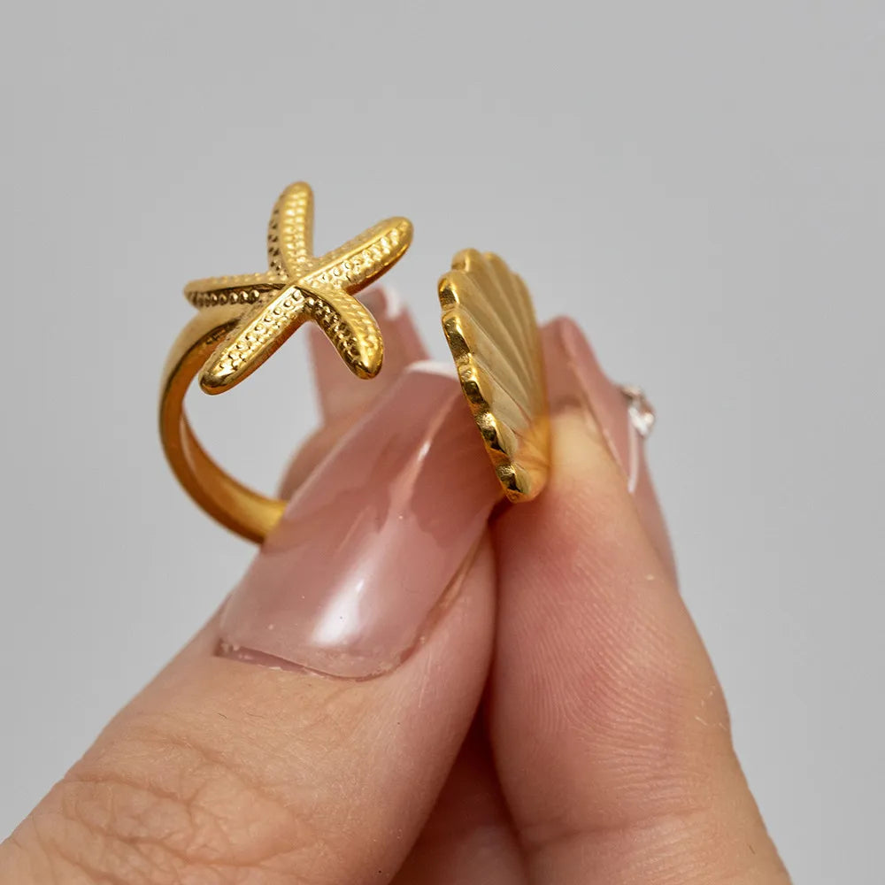 18K Gold-Plated Seashell Starfish Open Ring OutfitFlow